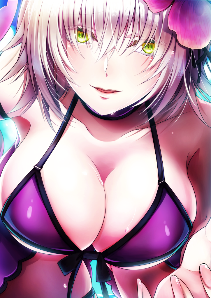 1girl alternate_costume bangs bikini black_ribbon breasts cleavage clouds cloudy_sky collarbone commentary_request cowboy_shot criss-cross_halter eyebrows_visible_through_hair fate/grand_order fate_(series) fingernails flower front-tie_top green_eyes hair_between_eyes hair_flower hair_ornament hair_ribbon halterneck head_tilt jeanne_d'arc_(alter)_(fate) jeanne_d'arc_(fate)_(all) large_breasts leaning_forward looking_at_viewer outdoors parted_lips purple_swimsuit reaching ribbon sayvi short_hair silver_hair sky smile solo swimsuit wet yellow_eyes