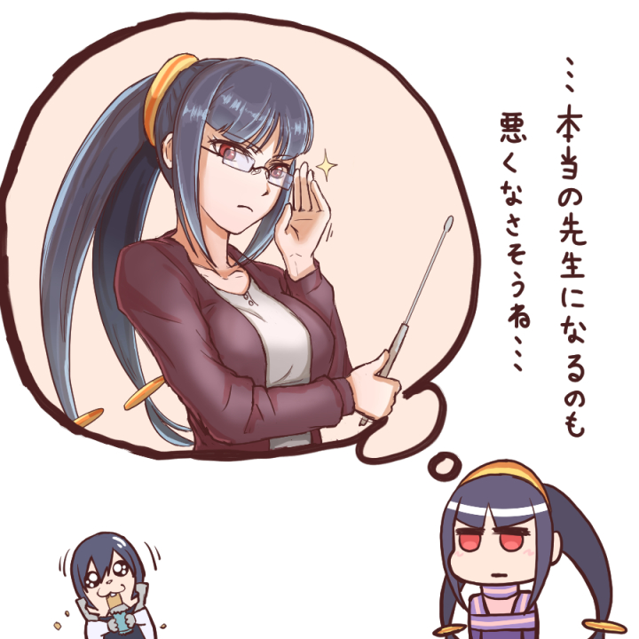 1girl abanasosu adjusting_eyewear akatsuki_shidou bangs black_hair blunt_bangs breasts chibi eyebrows_visible_through_hair formal glasses hair_ornament hairband imagining jacket long_hair long_sleeves low-tied_long_hair low_tied_hair medium_breasts queen_tia rockman ryuusei_no_rockman ryuusei_no_rockman_3 sidelocks solo_focus stick teacher thought_bubble