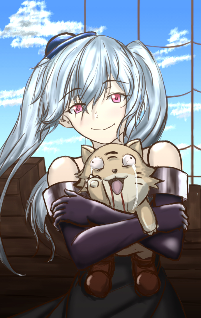 1girl artist_request blood eyebrows_visible_through_hair gloves granblue_fantasy hair_between_eyes hat orchis red_eyes shingeki_no_bahamut silver_hair sky smile stuffed_toy tears twintails