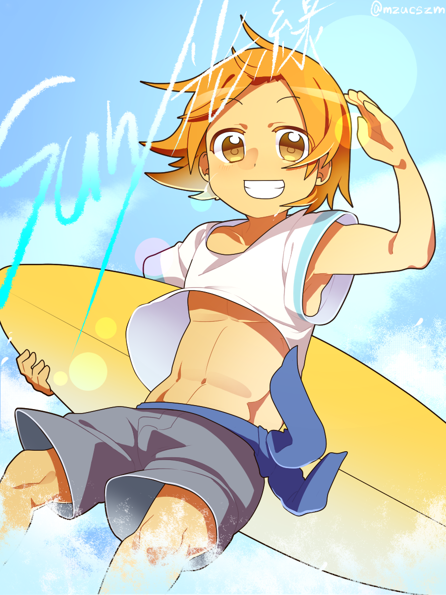 1boy blush brown_eyes g_k_po grin highres looking_at_viewer midriff navel orange_hair pop'n_music shorts smile solo surfboard tarou_(pop'n_music)