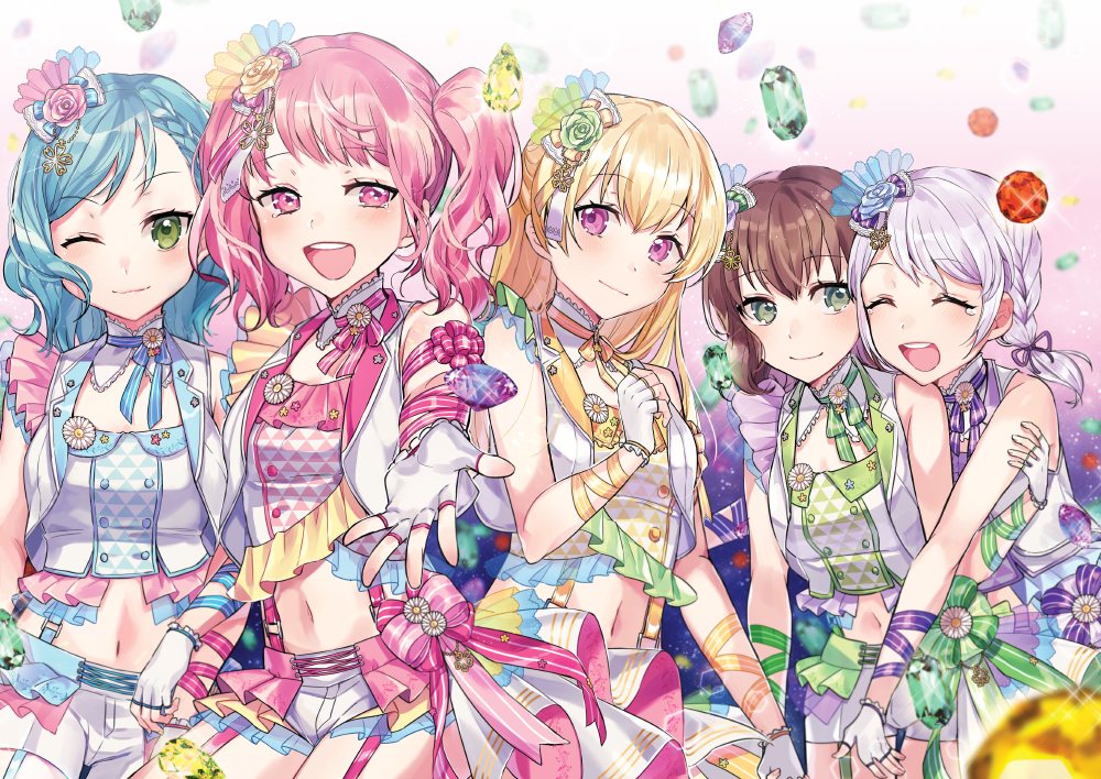5girls :d ;) ^_^ aqua_hair bang_dream! bangs blonde_hair blue_flower blue_neckwear blue_ribbon blue_rose bow braid brown_hair clenched_hand closed_eyes commentary_request detached_collar fingerless_gloves flower frills garter_straps gem gloves green_eyes green_flower green_neckwear green_ribbon green_rose hair_bow hair_flower hair_ornament hair_ribbon hikawa_hina long_hair looking_at_viewer maruyama_aya medium_hair multiple_girls navel neck_ribbon one_eye_closed open_mouth outstretched_hand overskirt pastel_palettes pink_eyes pink_flower pink_hair pink_neckwear pink_ribbon pink_rose purple_neckwear purple_ribbon ribbon rose round_teeth shirasagi_chisato shorts side_braid smile striped striped_ribbon suspender_shorts suspenders teeth tiny_(tini3030) twin_braids twintails upper_teeth vest violet_eyes wakamiya_eve white_gloves white_hair wrist_ribbon yamato_maya yellow_flower yellow_neckwear yellow_ribbon yellow_rose
