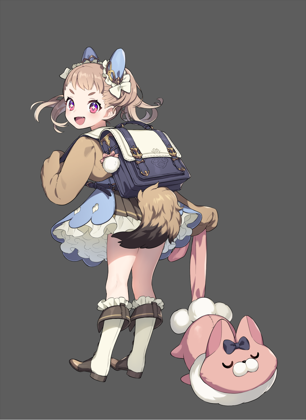 1girl :3 :d animal_ears backpack bag black_bag blue_dress boots bow brown_hair cardigan dot_nose dress ear_covers fang frilled_dress frilled_legwear frills full_body highres holding_strap holding_toy knee_boots leather leather_boots looking_back medium_hair ni02_(asahi_nini) open_mouth original pink_eyes pom_pom_(clothes) randoseru ribbon sailor_collar seams smile solo star star-shaped_pupils stuffed_animal stuffed_toy symbol-shaped_pupils tail thick_eyebrows twintails
