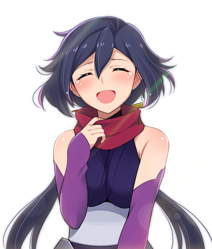 1girl ayame_(gundam_build_divers) bangs black_hair breasts closed_eyes commentary_request elbow_gloves fingerless_gloves gloves gundam gundam_build_divers hair_ornament happy honda_naoki japanese_clothes kimono long_hair low_ponytail mask_pull medium_breasts ninja no_mask open_mouth red_scarf scarf shiny shiny_hair shiny_skin short_kimono sleeveless sleeveless_kimono smile solo split_ponytail spoilers tears