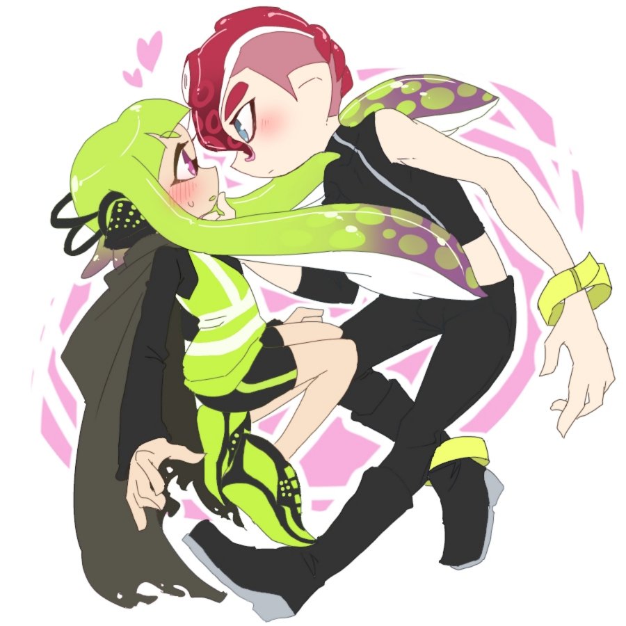 1boy 1girl agent_8 banamiluv bike_shorts black_jeans black_skirt blue_eyes blush boots bracelet cape green_hair hand_holding hand_on_another's_chin headset heart inkling jewelry nintendo octoling octopus open_mouth pointy_ears redhead reflective_vest simple_background skirt splatoon splatoon_1 splatoon_2 splatoon_2:_octo_expansion sportswear squid tentacle_hair violet_eyes
