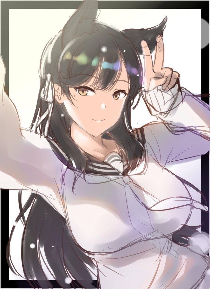 1girl alternate_costume animal_ears atago_(azur_lane) azur_lane bangs black_hair breasts brown_eyes closed_mouth eyebrows_visible_through_hair hair_ribbon highres kagiyama_(gen'ei_no_hasha) large_breasts long_hair long_sleeves looking_at_viewer mole mole_under_eye ribbon smile solo swept_bangs white_ribbon