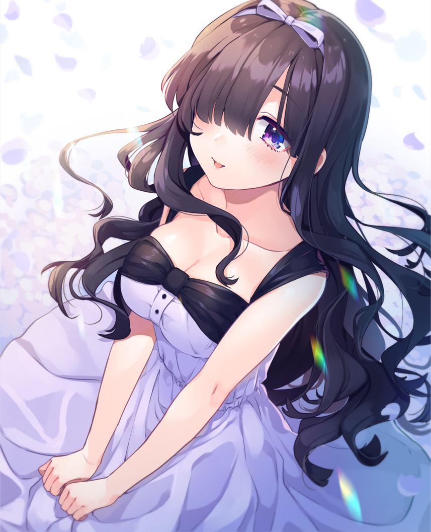 1girl alternate_costume bare_arms bbbannooo black_hair breasts collarbone comic_girls commentary_request dress fuura_suzu hair_over_eyes hair_ribbon long_hair looking_at_viewer medium_breasts ribbon smile solo violet_eyes