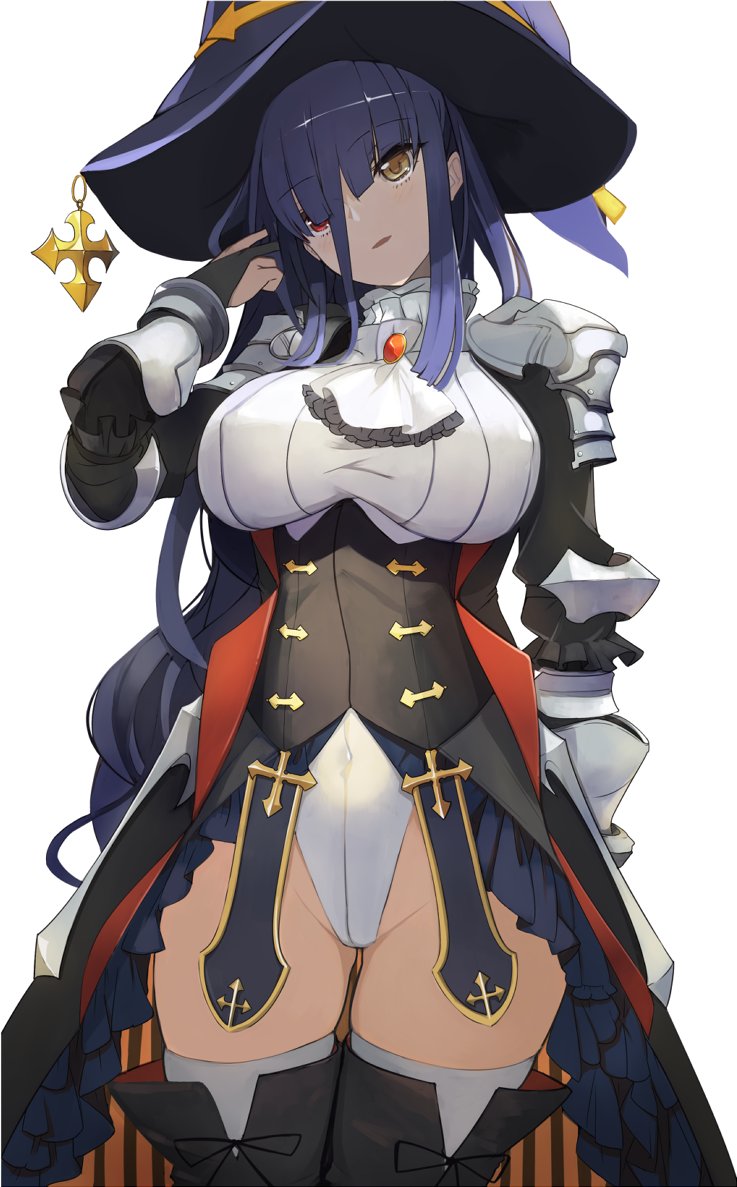 1girl blue_hair boots breasts erect_nipples gauntlets groin hair_over_one_eye hat heterochromia large_breasts leotard long_hair original parted_lips pauldrons pupps red_eyes simple_background smile solo thigh-highs thigh_boots very_long_hair white_background white_legwear witch_hat yellow_eyes