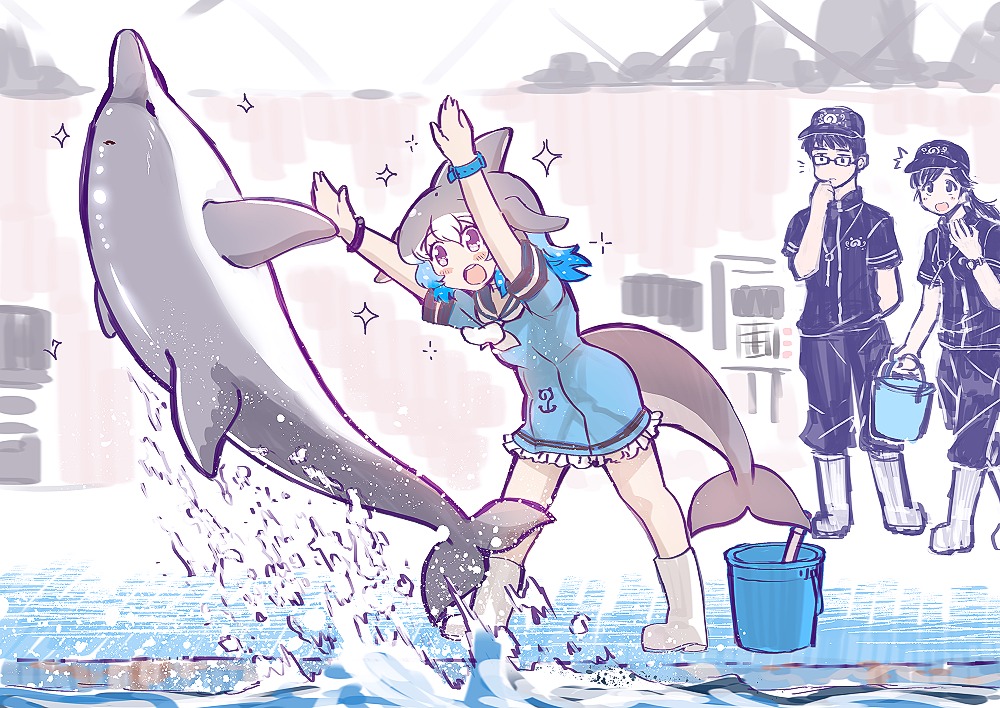 /\/\/\ 1boy 2girls :d alternate_footwear arms_up baseball_cap black_hair blowhole blue_hair blush boots bracelet bucket commentary common_bottlenose_dolphin_(kemono_friends) dolphin dolphin_tail dress english_commentary eyebrows_visible_through_hair frilled_dress frills grey_hair hat japari_symbol jewelry kemono_friends leaning_forward multicolored_hair multiple_girls neckerchief open_mouth ponytail sailor_collar short_hair short_sleeves smile sparkle splashing star tail tanaka_kusao uniform watch water