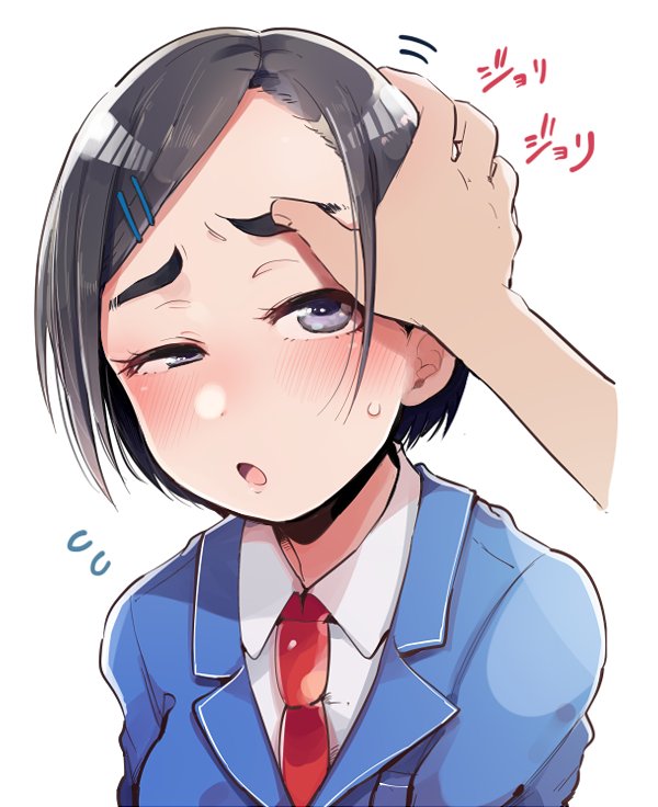 1girl artist_request black_eyes black_hair blazer blush collared_shirt commentary face flying_sweatdrops hair_ornament hairpin idolmaster idolmaster_cinderella_girls jacket matsuo_chizuru necktie pov pov_hands raised_eyebrow red_neckwear shirt solo_focus sweatdrop thick_eyebrows upper_body