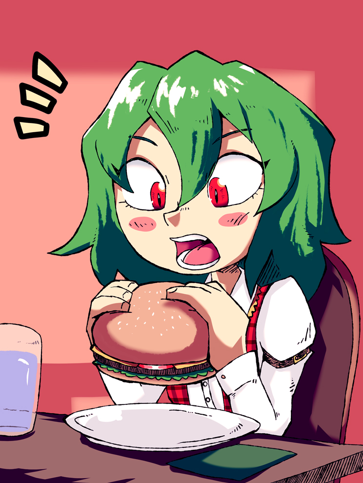 1girl armband blush_stickers chair commentary cup drinking_glass english_commentary eyebrows_visible_through_hair food green_hair hair_between_eyes hamburger holding holding_food indoors kazami_yuuka long_sleeves looking_down napkin notice_lines open_mouth plaid plaid_vest plate red_background setz shirt short_hair simple_background solo table teeth touhou upper_body vest white_shirt