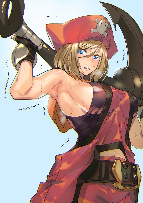 1girl anchor armpits ashiomi_masato belt blonde_hair blue_eyes breasts breath cosplay gloves grimace guilty_gear guilty_gear_xrd hat may_(guilty_gear) may_(guilty_gear)_(cosplay) millia_rage orange_hat orange_shirt pirate_hat shaking shirt short_hair sideboob solo steam