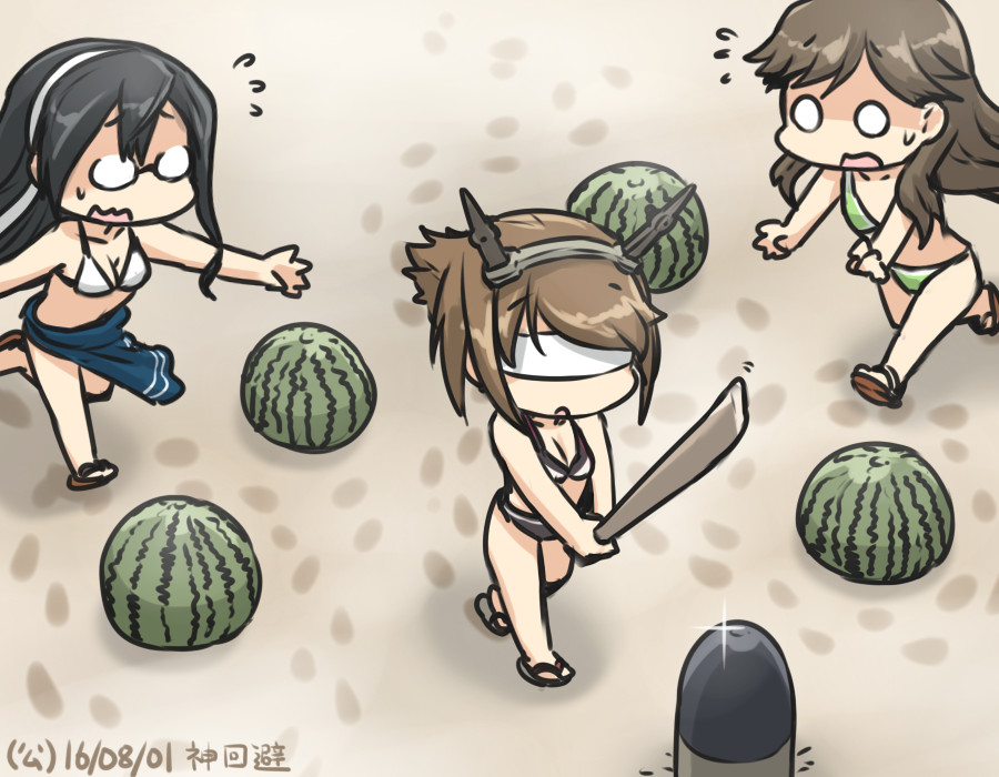 3girls arashio_(kantai_collection) beach bikini black_hair blindfold breasts brown_hair cleavage collarbone commentary_request dated flying_sweatdrops food footprints fruit glasses glint hamu_koutarou headgear kantai_collection long_hair medium_breasts multiple_girls mutsu_(kantai_collection) o_o ooyodo_(kantai_collection) opaque_glasses running sandals sarong small_breasts solid_circle_eyes suikawari swimsuit sword torpedo watermelon weapon wooden_sword