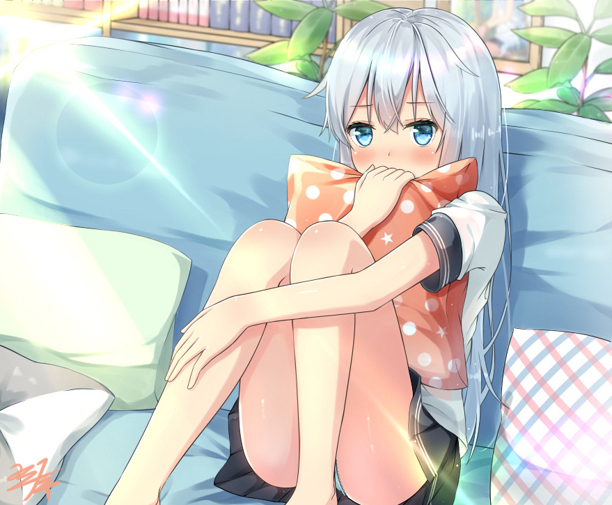 1girl bangs bare_legs barefoot black_skirt blue_eyes blue_panties blush book bookshelf commentary_request couch covered_mouth day eyebrows_visible_through_hair hair_between_eyes hibiki_(kantai_collection) indoors kantai_collection long_hair miko_fly no_hat no_headwear panties panty_peek pillow pleated_skirt polka_dot polka_dot_pillow school_uniform serafuku shirt short_sleeves silver_hair sitting skirt solo thighs underwear very_long_hair white_shirt