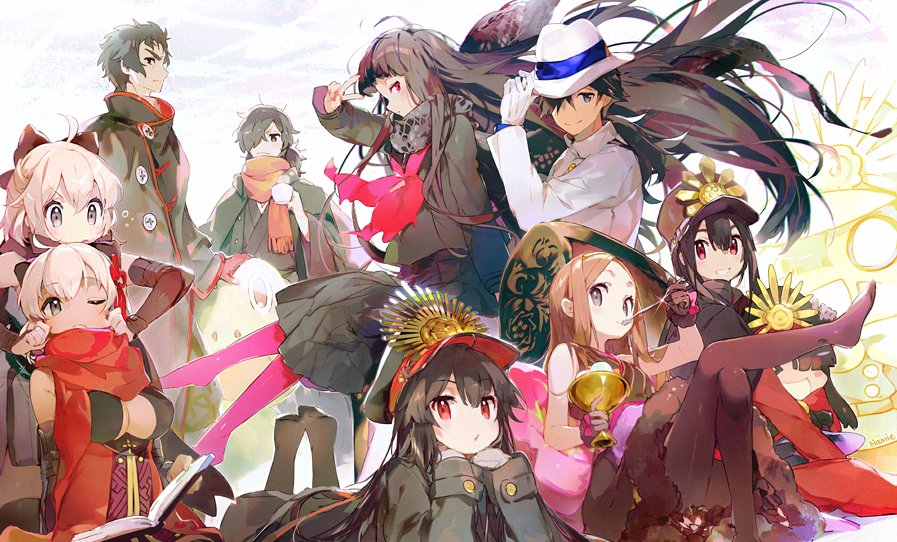 ahoge black_hair black_legwear blonde_hair book brown_hair chacha_(fate/grand_order) cheek_pinching coffee_cup cup disposable_cup eating fate/grand_order fate_(series) fedora food gloves hat hijikata_toshizou_(fate/grand_order) ice_cream long_hair namie-kun oda_nobukatsu_(fate/grand_order) oda_nobunaga_(fate) okada_izou_(fate) okita_souji_(alter)_(fate) okita_souji_(fate) okita_souji_(fate)_(all) oryuu_(fate) pinching sakamoto_ryouma_(fate) scarf very_long_hair white_gloves