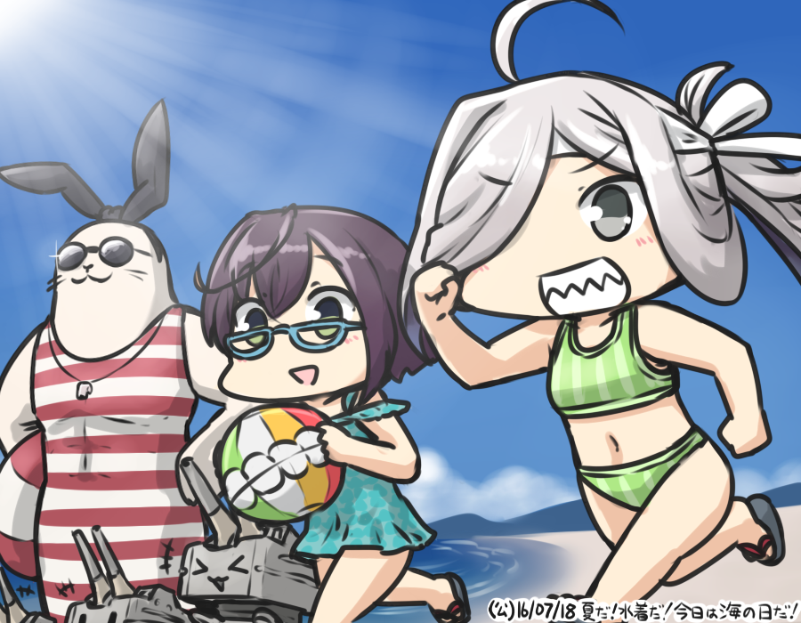 +++ 2girls ahoge animalization asashimo_(kantai_collection) ball beach beachball blue_sky brown_hair commentary_request dated day flip-flops glasses green_eyes hair_over_one_eye hamu_koutarou kantai_collection lifebuoy long_hair marine_day multiple_girls muscle okinami_(kantai_collection) outdoors ponytail rensouhou-chan sandals seal sharp_teeth shimakaze_(kantai_collection) shimakaze_(seal) short_hair silver_hair sky sunglasses swimsuit teeth whistle