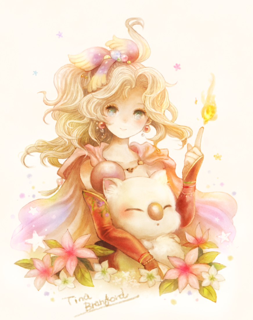 1girl bare_shoulders blonde_hair blue_eyes bridal_gauntlets cape character_name closed_mouth collarbone earrings final_fantasy final_fantasy_vi fire flower hair_ornament index_finger_raised jewelry leaf long_hair mog moogle pink_cape pink_flower ponytail smile star sui_(petit_comet) tina_branford wavy_hair white_flower