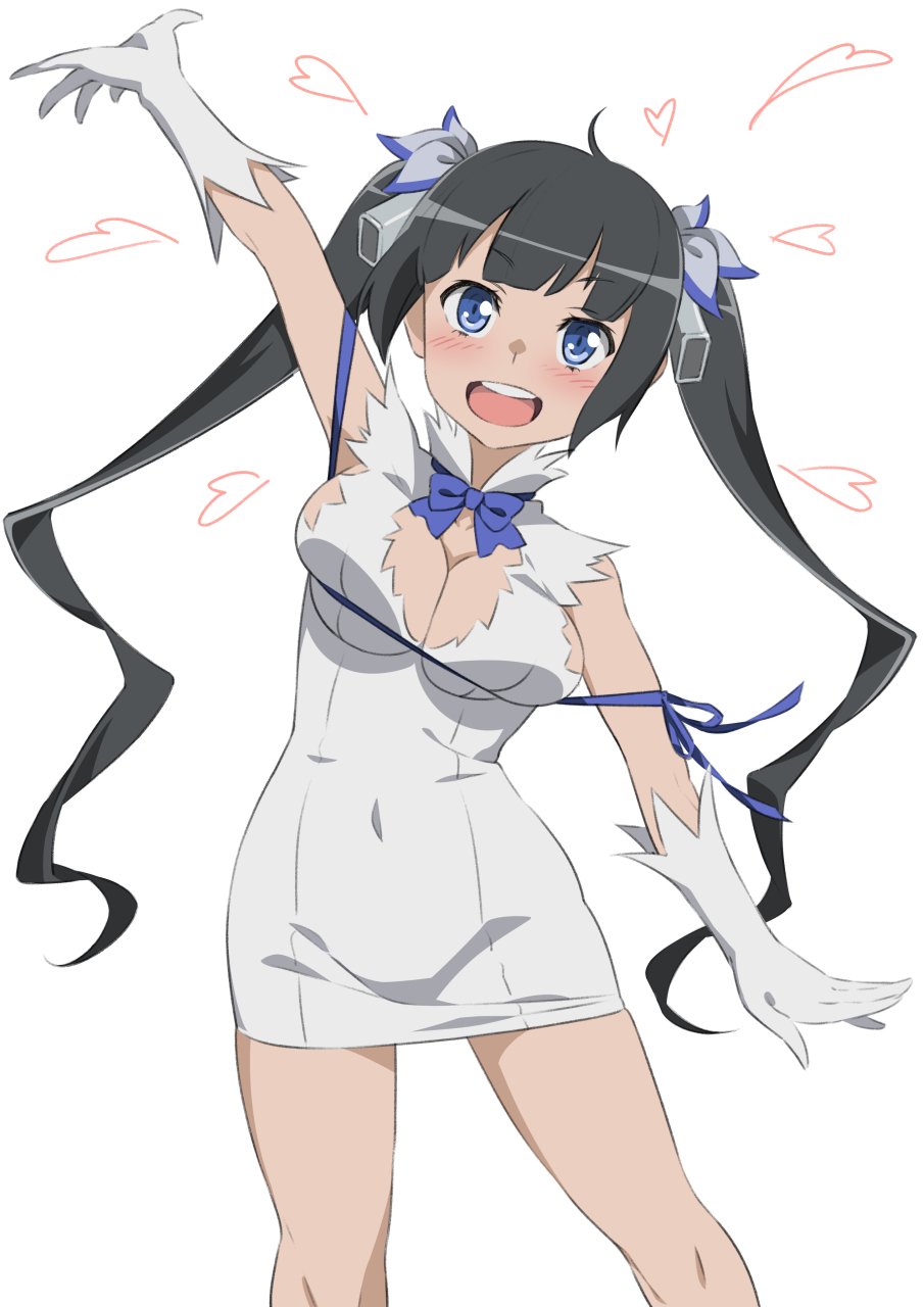 1girl arm_up bare_shoulders black_hair blue_bow blue_eyes blush bow breast_squeeze breasts cleavage cleavage_cutout covered_navel dress dungeon_ni_deai_wo_motomeru_no_wa_machigatteiru_darou_ka fukushi_ryouhei gloves hair_ribbon hestia_(danmachi) highres large_breasts looking_at_viewer open_mouth ribbon simple_background skindentation sleeveless sleeveless_dress smile solo torn_clothes torn_sleeves twintails waving white_background white_dress white_gloves