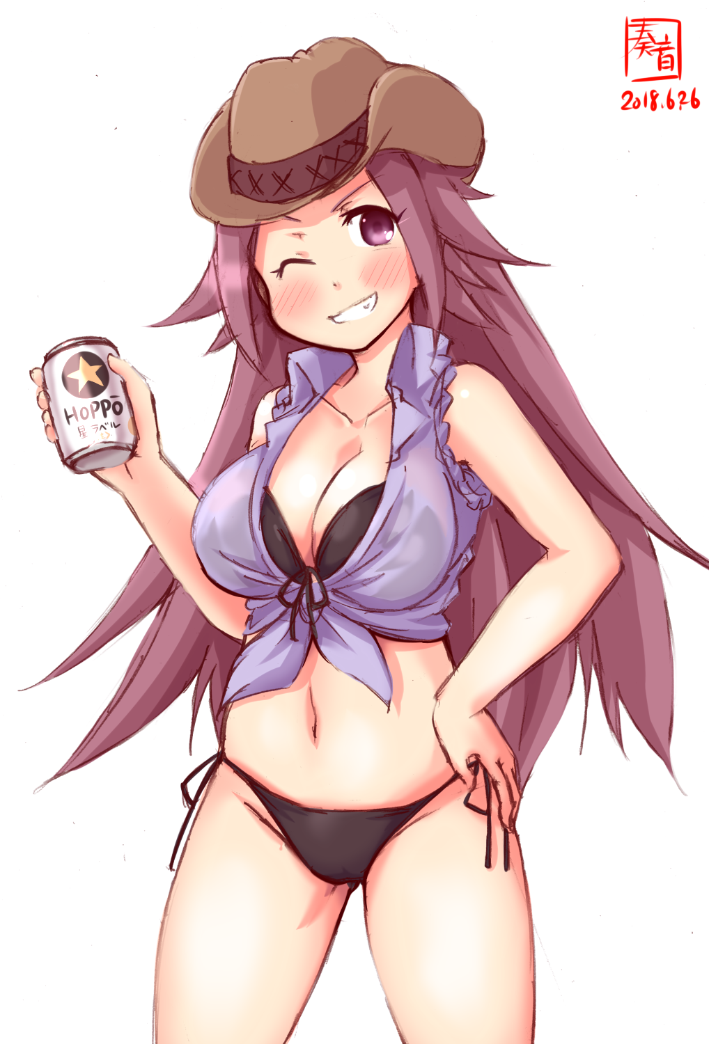 1girl artist_logo beer_can bikini black_bikini blush breasts can cleavage commentary_request cowboy_hat cowboy_shot dated front-tie_top grin hand_on_hip hat highres holding holding_can jun'you_(kantai_collection) kanon_(kurogane_knights) kantai_collection large_breasts long_hair looking_at_viewer navel one_eye_closed purple_hair purple_shirt shirt side_ponytail simple_background smile solo spiky_hair standing swimsuit tied_shirt violet_eyes white_background