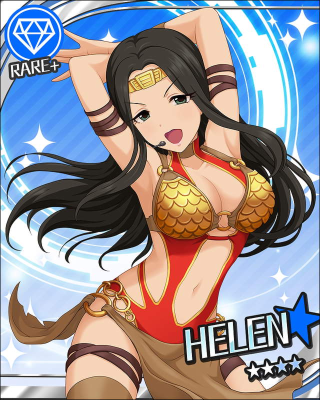 armpits black_hair blush character_name dancer dress green_eyes helen_(idolmaster) idolmaster idolmaster_cinderella_girls long_hair smile stars