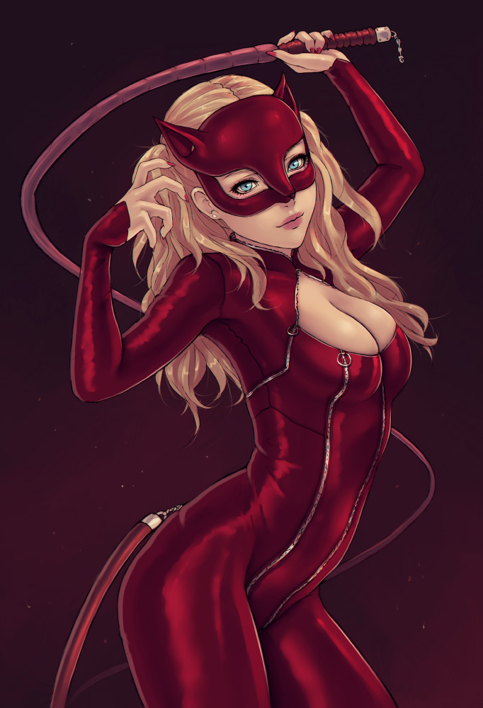 1girl blonde_hair bodysuit cat_mask cleavage_cutout closed_mouth earrings gradient gradient_background jewelry lips looking_at_viewer nail_polish persona persona_5 red_background red_bodysuit red_legwear shiny shiny_clothes solo soranamae standing stud_earrings takamaki_anne twintails whip zipper