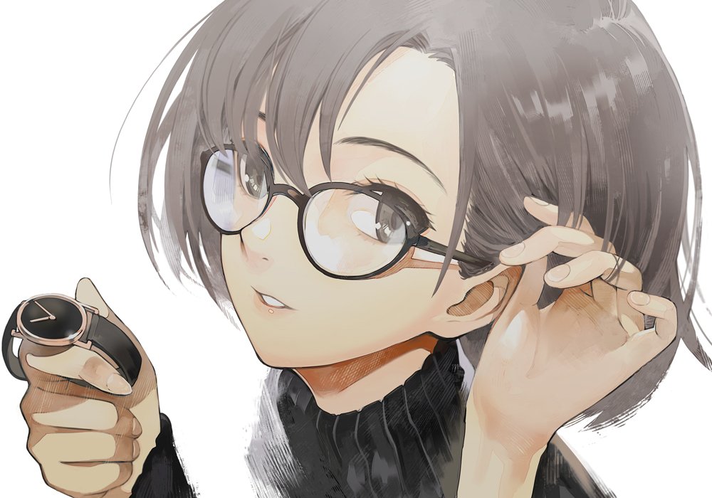 1girl arms_up bangs black-framed_eyewear black_sweater brown_eyes brown_hair commentary_request eyebrows fingernails glasses hand_in_hair holding long_sleeves original parted_bangs portrait ribbed_sweater solo sweater tokiti turtleneck watch watch