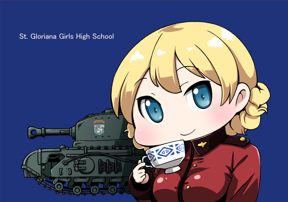 1girl blonde_hair blue_background blue_eyes breasts caterpillar_tracks chibi churchill_(tank) commentary_request cup darjeeling emblem english girls_und_panzer ground_vehicle holding long_hair military military_vehicle motor_vehicle smile st._gloriana's_(emblem) st._gloriana's_military_uniform tank yunaka_(259808)