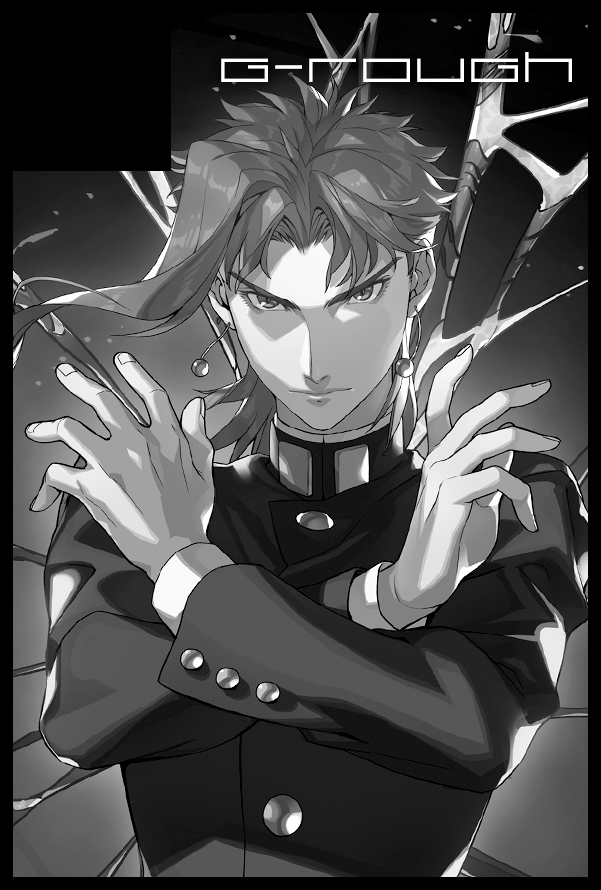 1boy artist_name black_border border circle_cut earrings gakuran greyscale hierophant_green jewelry jojo_no_kimyou_na_bouken kakyouin_noriaki kotatsu_(g-rough) male_focus monochrome school_uniform serious solo stand_(jojo) stardust_crusaders upper_body