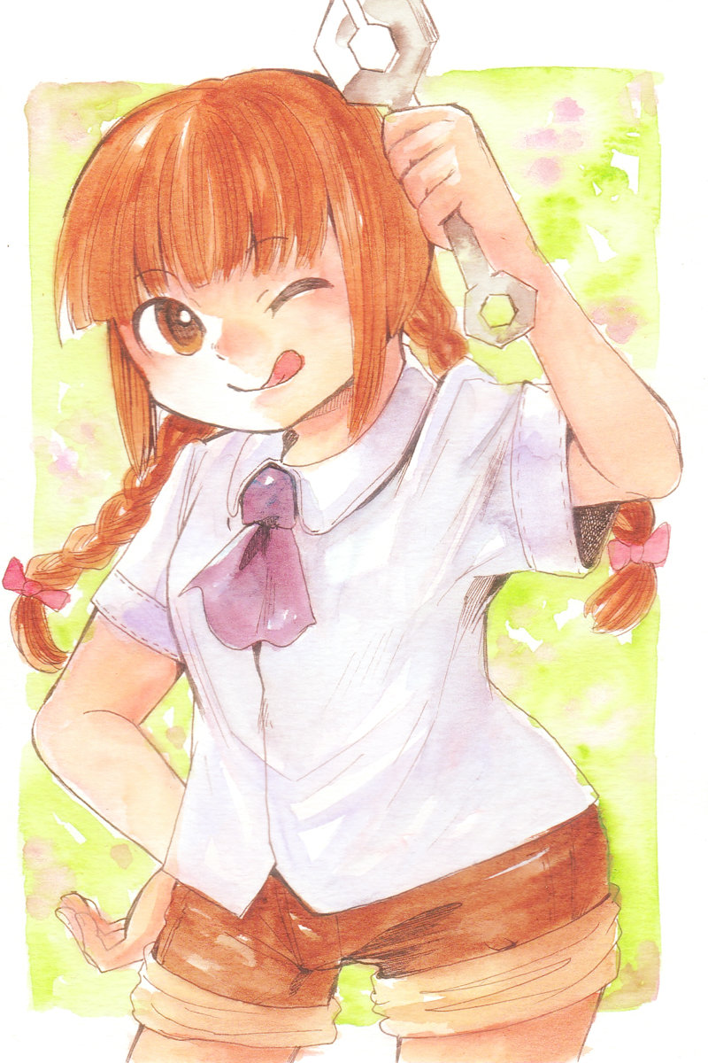 1girl bangs blunt_bangs braid brown_eyes brown_hair hair_ribbon hand_on_hip highres long_hair looking_at_viewer neckerchief one_eye_closed ribbon rika_(touhou) shiz_(#0077) shorts solo tongue tongue_out touhou touhou_(pc-98) traditional_media twin_braids watercolor_(medium) wrench