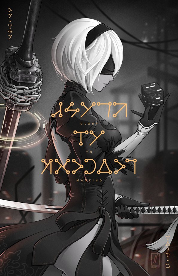 1girl android back_cutout black_blindfold black_dress black_hairband blindfold boots breasts cleavage_cutout commentary cover cover_page covered_eyes cube dress english_commentary feather-trimmed_sleeves from_side gloves hairband high_heel_boots high_heels highleg highleg_leotard holding holding_sword holding_weapon juliet_sleeves kaijuicery katana leotard long_sleeves medium_breasts nier_(series) nier_automata profile puffy_sleeves silver_hair sword sword_behind_back thigh-highs thigh_boots thighhighs_under_boots vambraces weapon white_leotard yorha_no._2_type_b