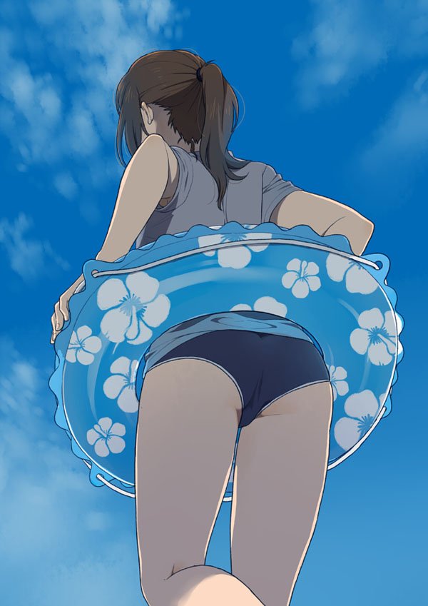 1girl ass back brown_hair from_below innertube mattaku_mousuke original ponytail shirt sky swimsuit swimsuit_under_clothes t-shirt