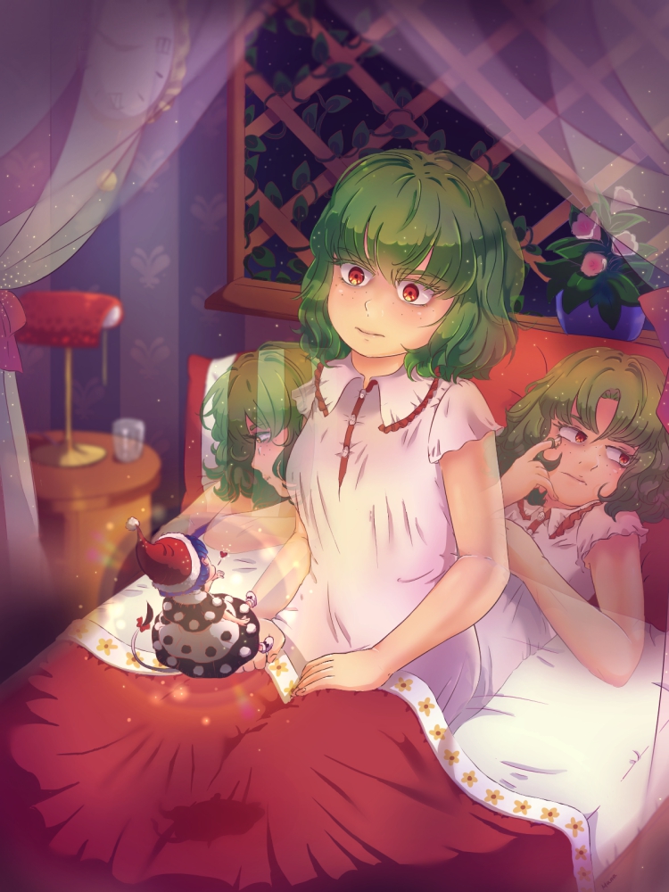 2girls bangs bare_arms bed blanket blown_kiss blue_hair blurry blurry_background buttons clock closed_mouth commentary cup curtains doremy_sweet dress drinking_glass english_commentary eyebrows_visible_through_hair floating flower flower_pot freckles hair_twirling half-closed_eyes hat heart indoors kazami_yuuka looking_at_another looking_to_the_side lying manamanami minigirl multiple_girls night nightcap nightgown on_back on_bed pillow plant pom_pom_(clothes) red_eyes red_hat short_hair short_sleeves sitting sky sleepwear solo_focus star_(sky) starry_sky tail tapir_tail touhou under_covers vines wall_clock window