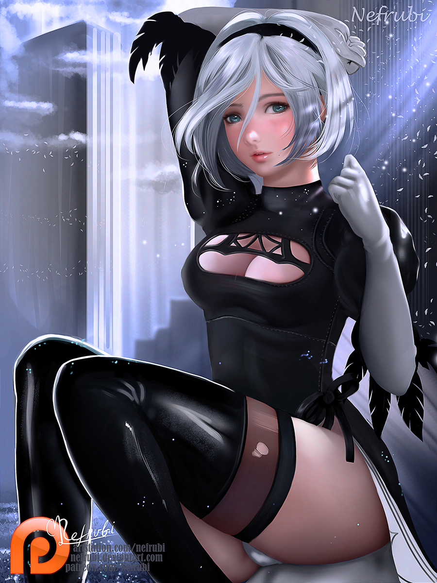 1girl android arm_behind_head artist_name black_dress black_hairband blue_eyes boots breasts cleavage cleavage_cutout clenched_hands dress facing_viewer feather-trimmed_sleeves hairband highleg highleg_leotard highres juliet_sleeves leather leather_boots leotard long_sleeves looking_at_viewer medium_breasts mole mole_under_mouth nefrubi nier_(series) nier_automata no_blindfold patreon_logo pink_lips puffy_sleeves silver_hair sitting thigh-highs thigh_boots thighhighs_under_boots vambraces white_leotard yorha_no._2_type_b