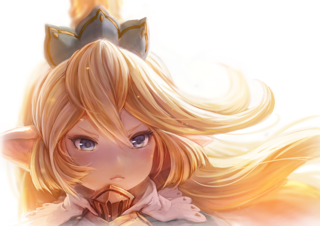 1girl blonde_hair blue_eyes blurry charlotta_fenia closed_mouth crown depth_of_field frown granblue_fantasy hair_between_eyes harvin long_hair pointy_ears portrait solo v-shaped_eyebrows white_background xion_(nyoxion)