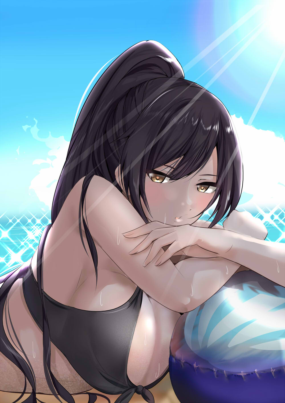 1girl ball bangs bare_shoulders beach beachball bikini black_bikini black_hair blue_sky blush breasts brown_eyes cleavage commentary crossed_arms front-tie_top hair_between_eyes high_ponytail highres idolmaster idolmaster_shiny_colors large_breasts long_hair looking_at_viewer lying on_stomach outdoors parted_lips ponytail sand schreibe_shura shirase_sakuya sky solo sunlight sweat sweatdrop swimsuit upper_body