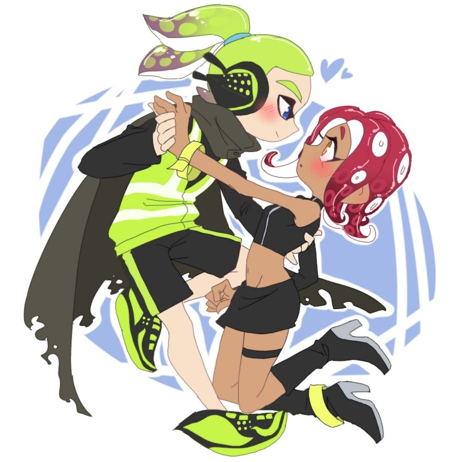 1boy 1girl agent_8 arms_behind_back banamiluv bike_shorts black_skirt blue_eyes blush boots bracelet cape green_hair hand_holding headset heart inkling jewelry long_hair nintendo octoling octopus pointy_ears ponytail redhead safety_vest simple_background skirt splatoon splatoon_1 splatoon_2 splatoon_2:_octo_expansion sportswear squid squidbeak_splatoon tan tentacle_hair yellow_eyes