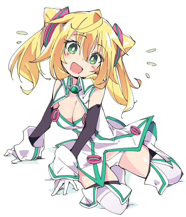 1girl blonde_hair breasts gloves green_eyes hacka_doll hacka_doll_1 ixy looking_at_viewer open_mouth smile solo twintails