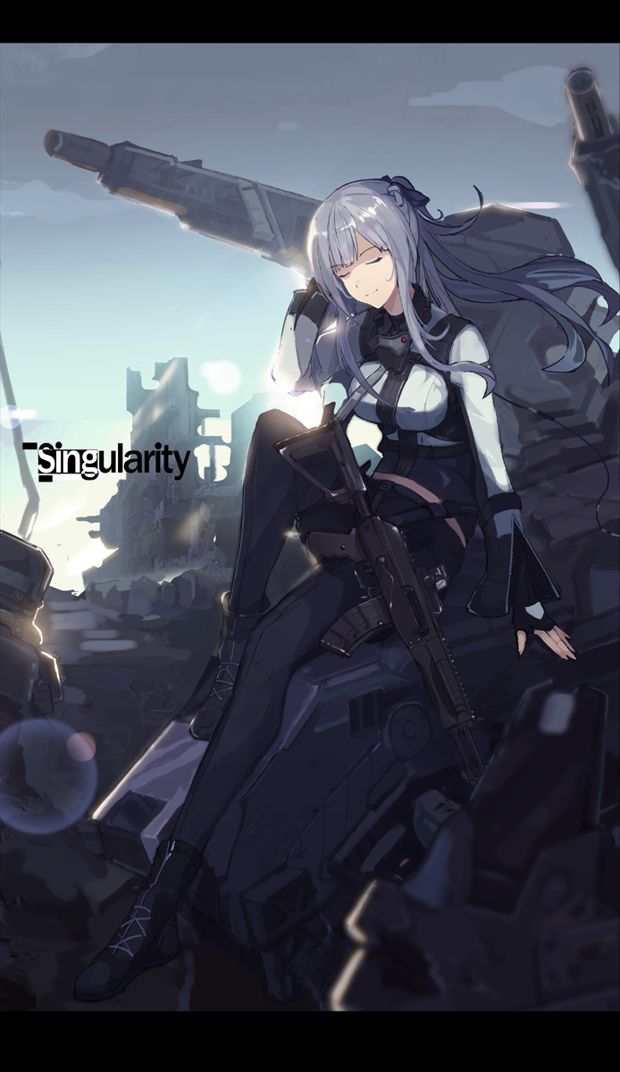 1girl ak-12 ak-12_(girls_frontline) assault_rifle bangs black_gloves blue_sky boots braid breasts closed_eyes clouds day eyebrows_visible_through_hair french_braid full_body gas_mask girls_frontline gloves glowing glowing_eyes gun hand_on_own_knee highres holding holding_gun holding_weapon jacket knee_up letterboxed long_hair long_sleeves looking_at_viewer machinery mai_(xskdizzy) medium_breasts outdoors pants rain ribbon rifle sidelocks silver_hair sky smile solo very_long_hair violet_eyes weapon