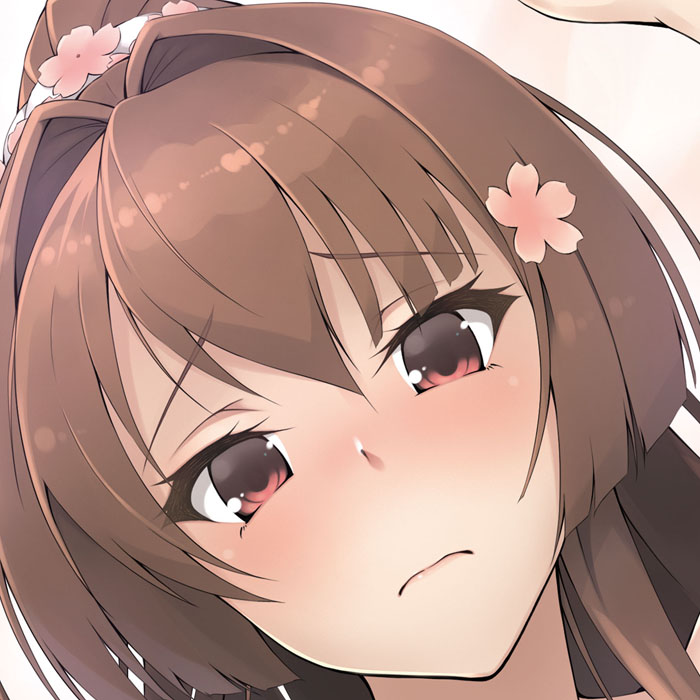 1girl arm_up blush brown_eyes close-up closed_mouth embarrassed flower hair_between_eyes hair_flower hair_intakes hair_ornament kantai_collection kochipu looking_at_viewer ponytail solo yamato_(kantai_collection)
