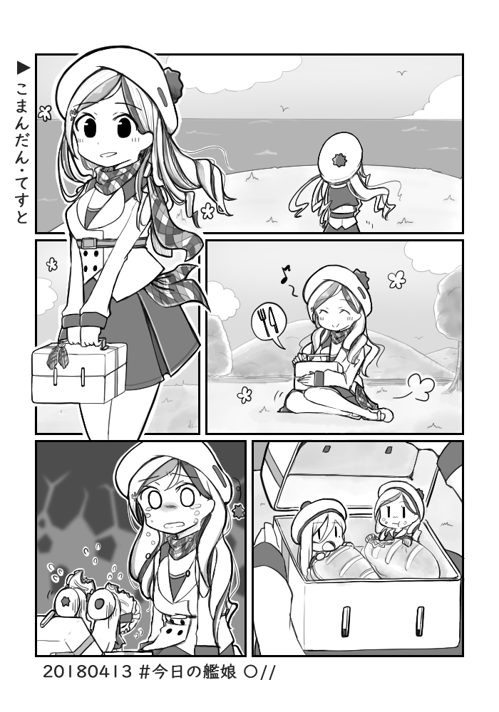 3girls beret bird blank_eyes bread chibi clouds comic commandant_teste_(kantai_collection) crying dated drill_hair eating fairy_(kantai_collection) flying_sweatdrops food greyscale hat horizon jacket kantai_collection lunchbox ma_rukan monochrome multiple_girls ocean open_mouth plaid plaid_scarf scarf seagull silent_comic speech_bubble tears translation_request