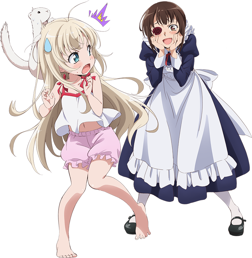 2girls :d ahoge animal animal_on_head apron arms_up bare_shoulders barefoot black_footwear blonde_hair bloomers blue_eyes blush breasts brown_eyes brown_hair camisole collarbone eyebrows_visible_through_hair eyepatch ferret flat_chest frilled_apron frills full_body fur hands_on_own_cheeks hands_on_own_face heart heart-shaped_pupils juliet_sleeves kamoi_tsubame key_visual knees_together_feet_apart kumagorou light_blue_eyes long_hair long_sleeves looking_at_another maid mary_janes medium_breasts multiple_girls navel neck_ribbon official_art on_head open_mouth pantyhose pigeon-toed pink_bloomers platinum_blonde puffy_sleeves purple_eyepatch red_neckwear red_ribbon ribbon shirt shoes short_hair simple_background sleeveless sleeveless_shirt smile standing standing_on_one_leg surprised symbol-shaped_pupils tail takanashi_misha transparent_background uchi_no_maid_ga_uzasugiru! underwear wavy_mouth white_apron white_camisole white_frills white_legwear white_shirt yamazaki_jun