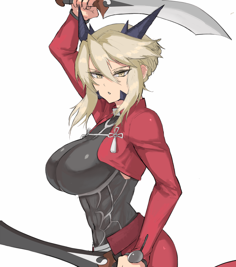 1girl archer archer_(cosplay) arm_up artoria_pendragon_(all) artoria_pendragon_(lancer_alter) blonde_hair breasts commentary cosplay dual_wielding fate/grand_order fate_(series) hair_between_eyes holding horns kanshou_&amp;_bakuya large_breasts looking_at_viewer quentin_lecuiller simple_background solo sword weapon white_background yellow_eyes