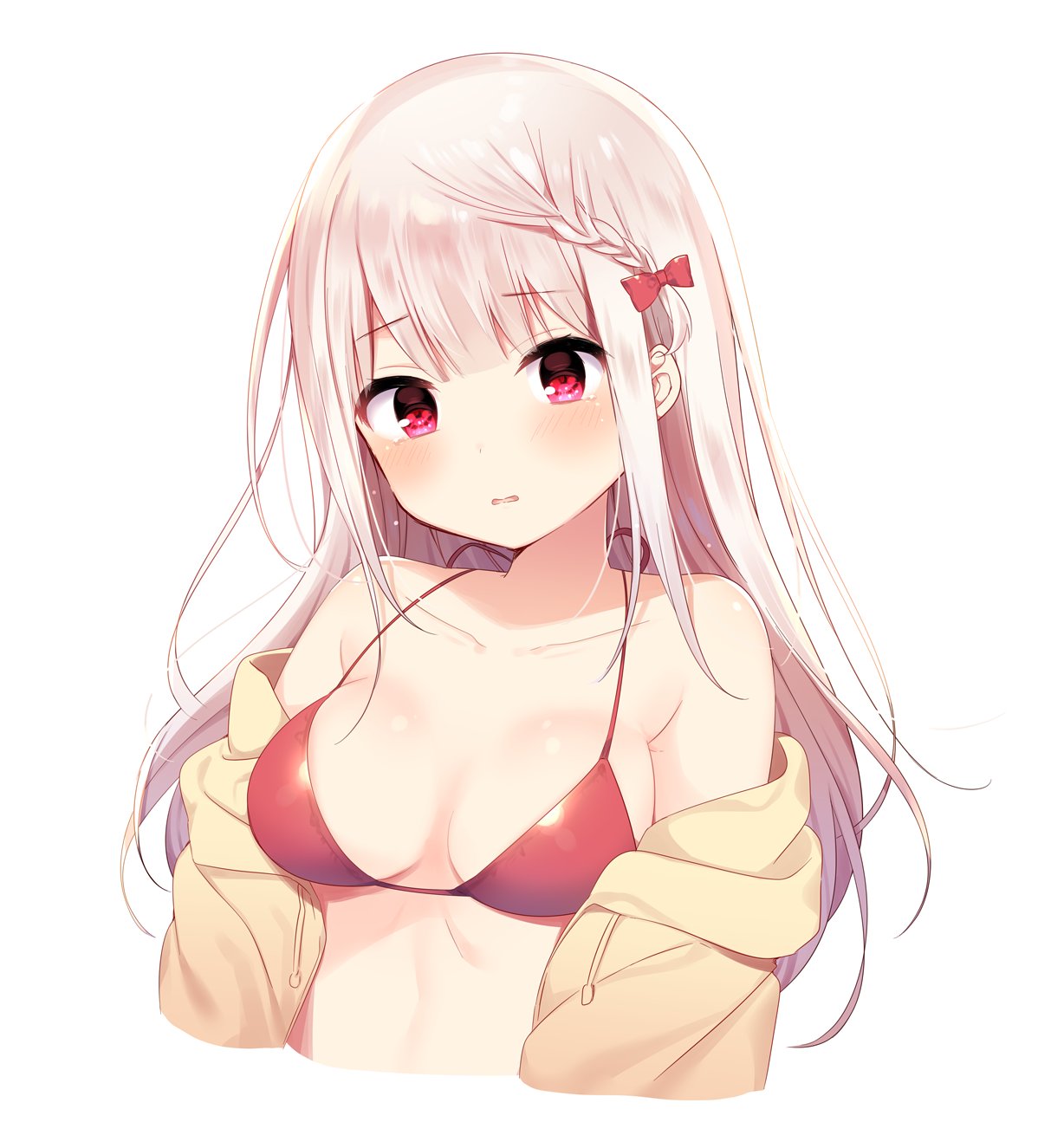 1girl bangs blush bow breasts cardigan cleavage collarbone cropped_torso eyebrows_visible_through_hair floating_hair hair_bow head_tilt highres long_hair mafuyu_(chibi21) medium_breasts open_cardigan open_clothes open_mouth original red_bikini_top red_bow red_eyes shiny shiny_hair shiny_skin silver_hair simple_background solo upper_body white_background yellow_cardigan