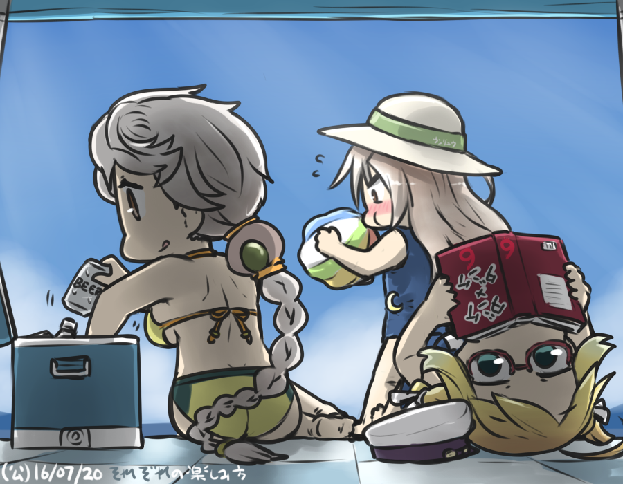 3girls :q alternate_costume aqua_eyes ass ball beachball beer_can bikini blonde_hair blowing blue_eyes braid can checkered checkered_floor cloud_print commentary_request dated from_behind glasses green_bikini hamu_koutarou hat hat_removed headwear_removed i-8_(kantai_collection) kantai_collection kikuzuki_(kantai_collection) long_hair looking_to_the_side lying multiple_girls on_back one-piece_swimsuit open_mouth reading red_eyes school_swimsuit semi-rimless_eyewear silver_hair single_braid sitting sky standing swimsuit thighs tongue tongue_out unryuu_(kantai_collection) very_long_hair white_hair yellow_eyes