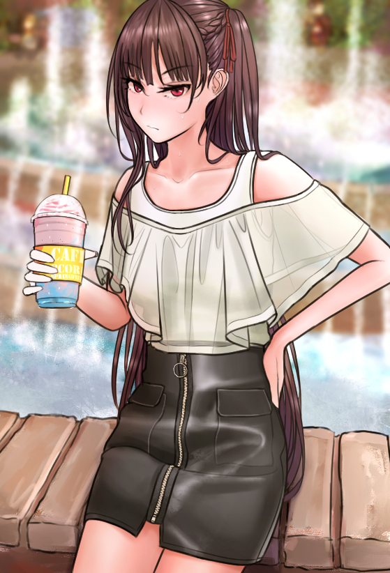 1girl alternate_costume bangs black_skirt blouse blush breasts casual closed_mouth collarbone cup day eyebrows_visible_through_hair fountain girls_frontline hair_ribbon half_updo hand_on_hip high-waist_skirt holding holding_cup leaning long_hair looking_at_viewer loose_blouse off_shoulder one_side_up outdoors purple_hair red_eyes ribbon see-through skirt solo sweat tank_top testame tsurime very_long_hair wa2000_(girls_frontline) white_blouse white_tank_top zipper_skirt