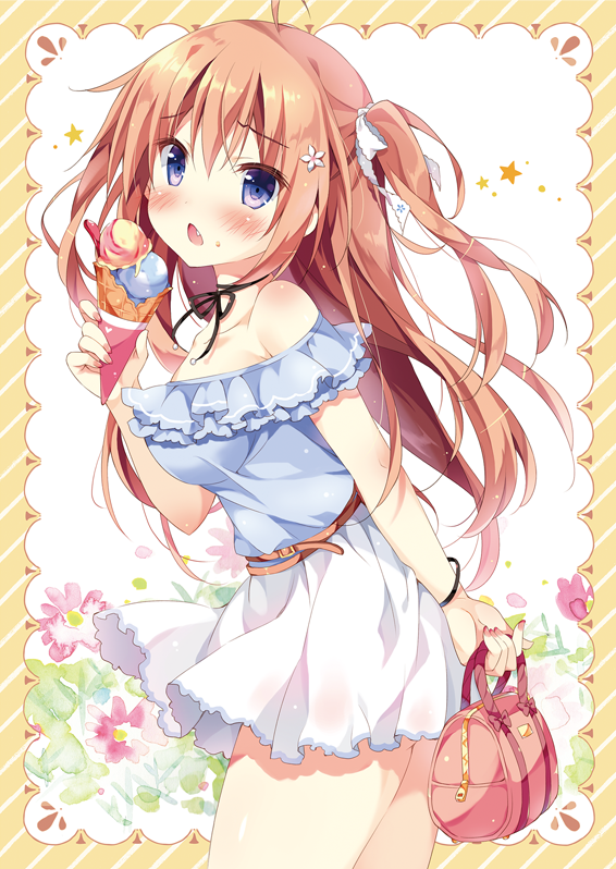 1girl :o ahoge bag bangs belt black_ribbon blue_shirt blush border bracelet choker fang floral_background flower food frilled_shirt frills from_side hair_flower hair_ornament hair_ribbon handbag haruka-chan_(pan_(mimi)) holding holding_bag holding_food ice_cream ice_cream_cone jewelry long_hair looking_at_viewer nail_polish orange_hair original pan_(mimi) pink_nails ribbon ribbon_choker shirt skirt solo two_side_up violet_eyes white_ribbon white_skirt yellow_border