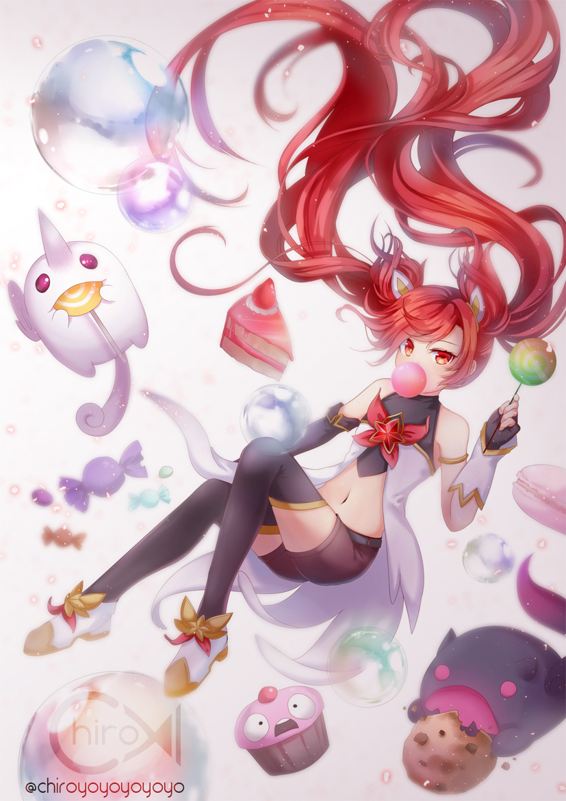 1girl alternate_costume asymmetrical_gloves cake candy chiroyo cupcake elbow_gloves food gloves hair_ornament jinx_(league_of_legends) league_of_legends long_hair looking_at_viewer magical_girl navel red_eyes redhead shorts solo star_guardian_jinx thigh-highs twintails watermark