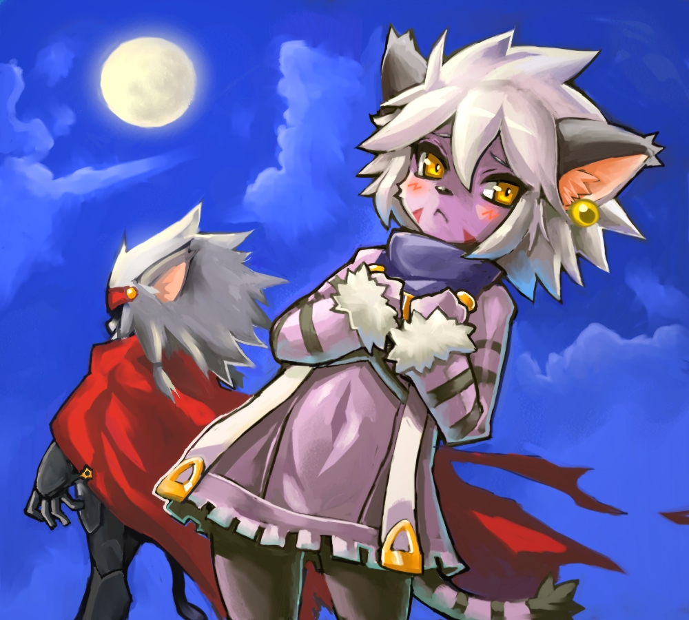 1boy 1girl animal_ears bangs beluga_damiens black_legwear cape cat_ears cat_girl cat_nose cat_tail closed_mouth clouds dakusuta earrings elh_melizee facial_mark full_moon fur_trim furry grey_hair hair_between_eyes hands_on_own_chest jewelry looking_at_viewer moon pantyhose red_cape short_hair sky solatorobo spiky_hair striped tail white_hair yellow_eyes