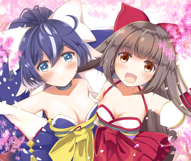 2girls animal_ears azur_lane blue_eyes blue_hair blush bow breasts brown_hair cherry_blossoms cleavage collarbone detached_sleeves hair_bow harutsuki_(azur_lane) long_hair looking_at_viewer multiple_girls nontraditional_miko open_mouth outstretched_arms petals red_eyes sakura_(ichisakupink) small_breasts spread_arms yoizuki_(azur_lane)