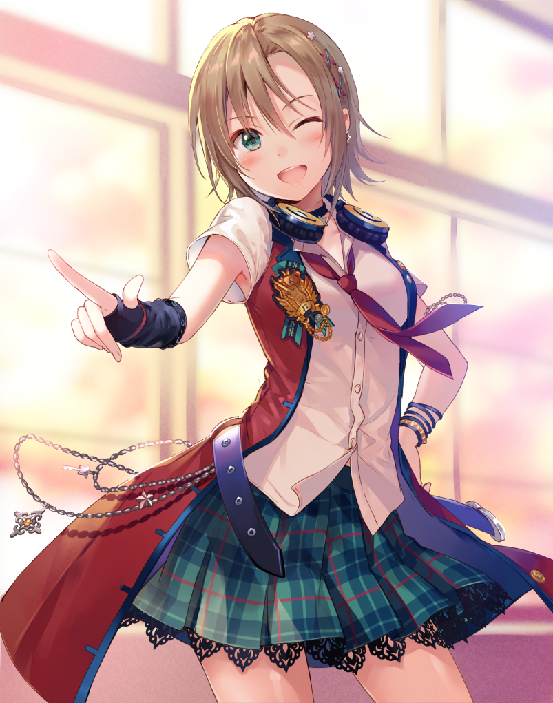 1girl armpit_peek belt blush bracelet brown_hair chains coat commentary_request day earrings emblem eyebrows_visible_through_hair fingerless_gloves fukahire_(ruinon) gloves green_eyes green_skirt hair_ornament hand_on_hip headphones headphones_around_neck idolmaster idolmaster_cinderella_girls idolmaster_cinderella_girls_starlight_stage indoors jewelry lace lace-trimmed_skirt looking_at_viewer necktie one_eye_closed open_mouth plaid plaid_skirt pleated_skirt pointing popped_collar red_coat red_neckwear shirt short_hair short_sleeves single_glove skirt sleeveless_coat smile solo standing star star_earrings tada_riina white_shirt window x_hair_ornament