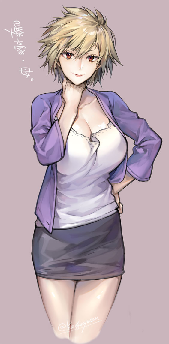1girl artist_name bakugou_mitsuki blonde_hair boku_no_hero_academia breasts cleavage cropped_legs hand_on_hip kaguyuzu large_breasts long_sleeves looking_at_viewer mature milf open_clothes pencil_skirt purple_background red_eyes short_hair signature simple_background skirt smile solo standing text_focus